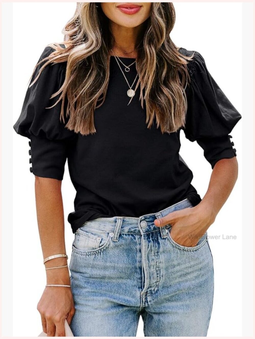 Puff Sleeve Crewneck Loose Casual Blouse Tops Summer T-Shirt